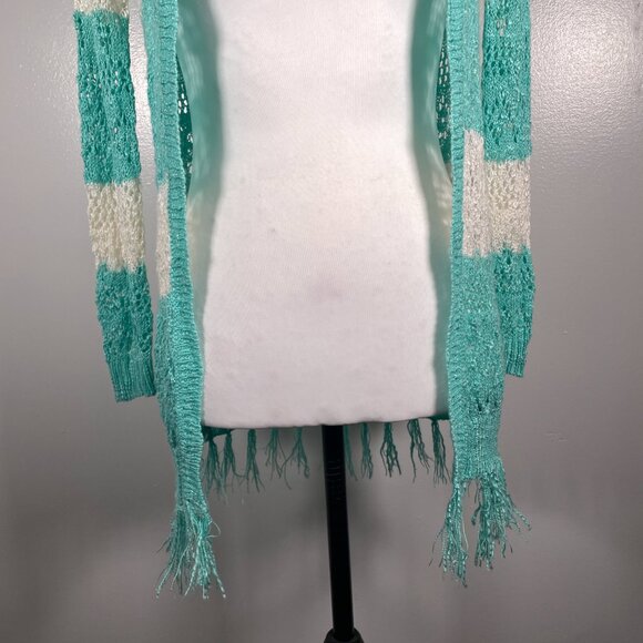 Heart N Crush Mint Green Ivory Hooded Open Weave 3/4 Sleeve Cardigan Sweater S - Picture 5 of 14